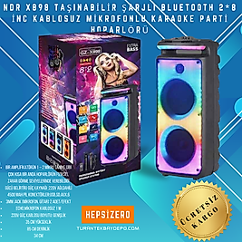 NDR X898 Taşınabilir Şarjlı Bluetooth 2*8 inc Kablosuz Mikrofonlu Karaoke Parti Hoparlörü