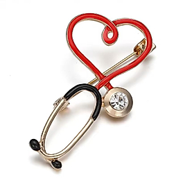 Doktor - Hemşire Aksesuar Renkli Mineli Zirkon Taşlı Altın Renk Tasarım Steteskop Broş
