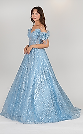 Taşlı Kayık Yaka Bebe Mavi Simli Uzun Abiye