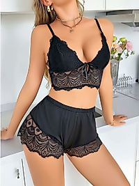 Kadın Siyah Dantel Detaylı Şortlu Pijama Takımı 5054