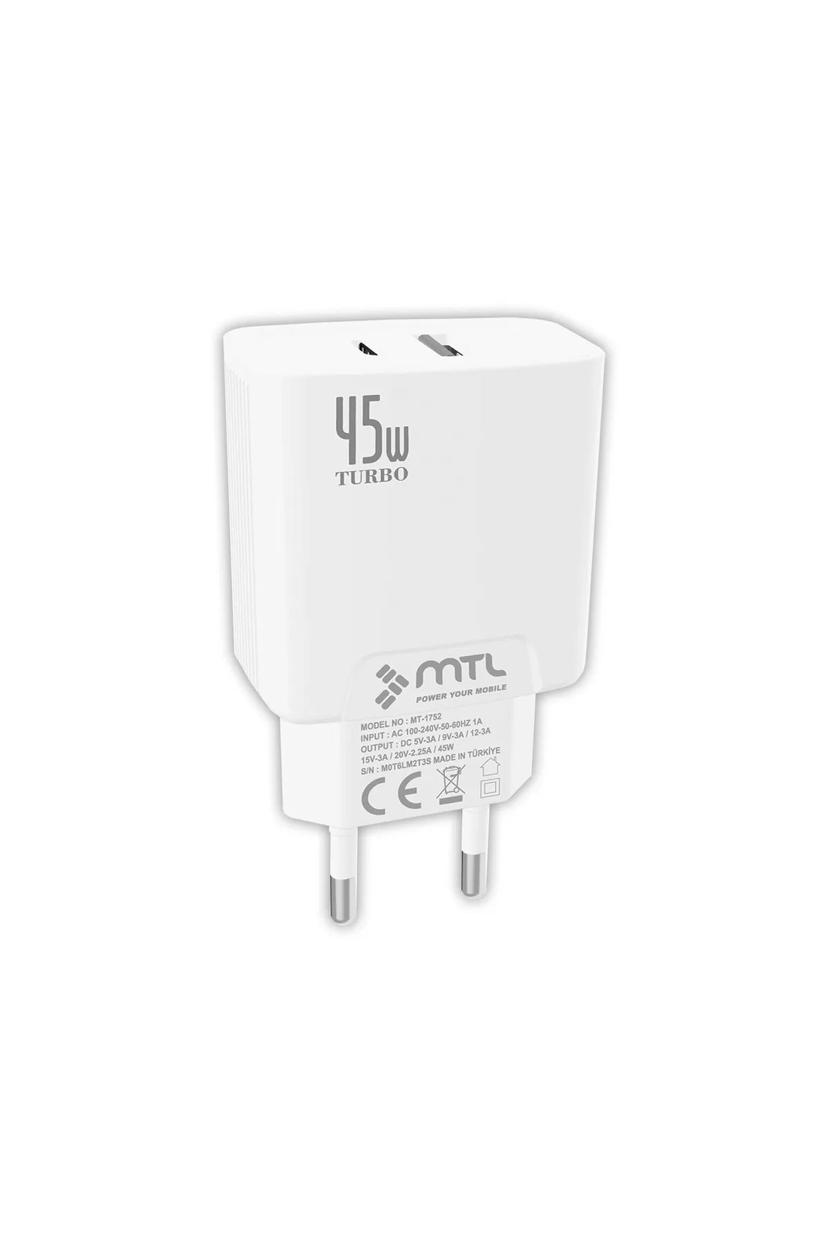MTL 45w Turbo Pd Type-c To Type-c Ve Usb Çift Girişli Şarj Adaptörü Qc 4.0 Mt1752