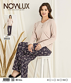 Bej Dantel Yaka Düğmeli Üst & Koyu Çiçek Desenli Alt Kadın Pijama Takımı -Noya 13222