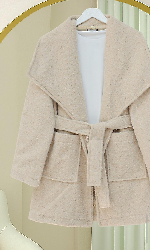 Geniş Yakalı Beli Kemerli Cepli Kaşe Kaban TaşRenk