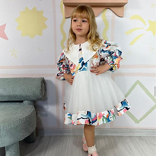 Gökkuşağı V Yaka Tütü Etekli Kız Çocuk Elbise