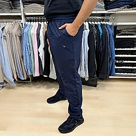Lacivert Yanları Cepli, Büzgü Paçalı Erkek Eşofman Altı