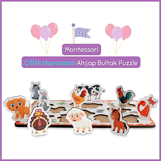 Montessori Çiftlik Hayvanları Ahşap Bultak Puzzle Seti