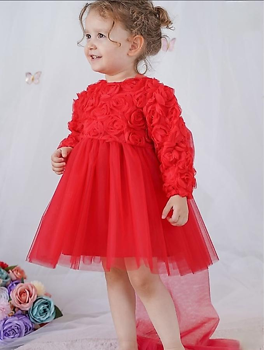 Üç Boyutlu Gül Desenli Tütü Etek Kız Çocuk Özel Gün Elbisesi