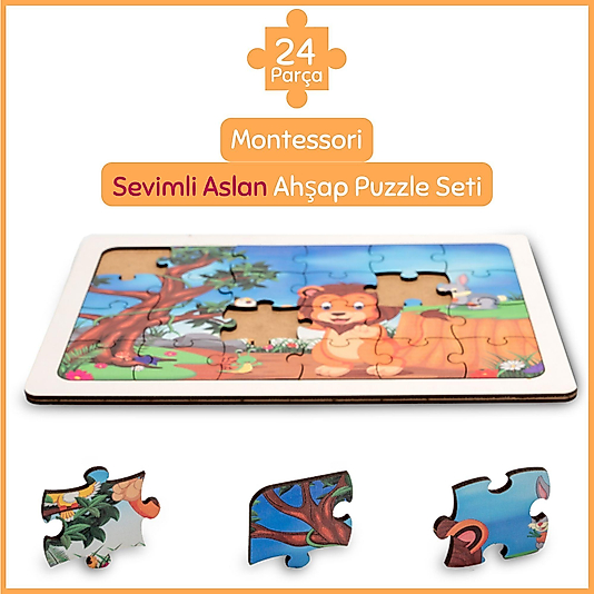 Montessori Sevimli Aslan 24 Parça Ahşap Puzzle Seti