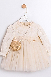 Kız Çocuk 2-5 Yaş Krem Tüllü Dantel Detaylı Çantalı Elbise