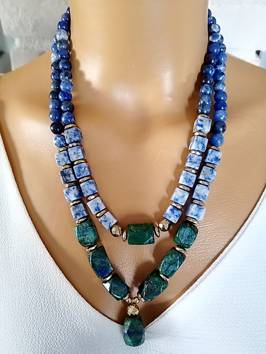 MAVİ YEŞİL UYUMU SODALİT-CEYD-HEMATİT DOĞALTAŞ KOLYE