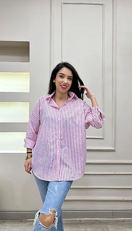 Zra Muadil Oversize Uzun Çizgili Gömlek Pembe