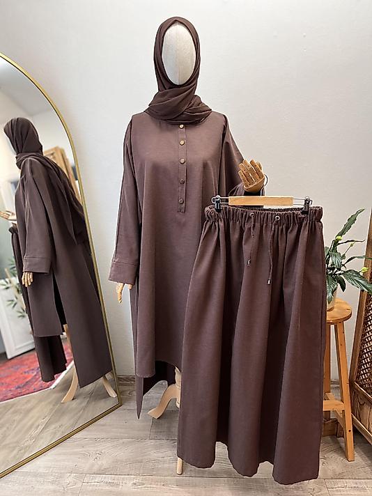 Kahve Abaya Kol - Etekli Keten Festival Cilbab Takım (Asimetrik Kesim)
