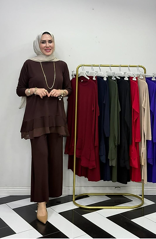 Sendy Etek Uçları Tül Detaylı Kahve Renk Takim