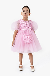 2-5 Yaş Kız Çocuk Çiçek Detaylı Pembe Tüllü Elbise Çantalı