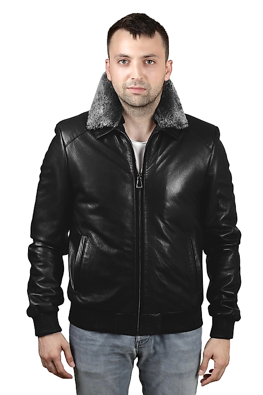 Kelvin Hakiki Jumbo Deri Erkek Siyah Seyyar Kürk Yaka Mont