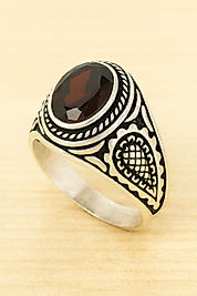 Lal Granat Taşlı Antik Gümüş Erkek Yüzük
