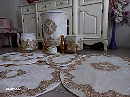 Krem Rengi Gold Detaylı Çamaşır Sepeti Takımı Ve Paspas Takımı