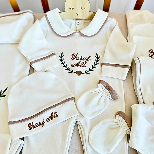 Yenidoğan Set - Bebeğinizin İsmi ve Yaprak Nakışlı