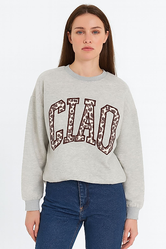 QUZU Leopar Desenli Yazı Baskılı Oversize Sweatshirt Grimelanj