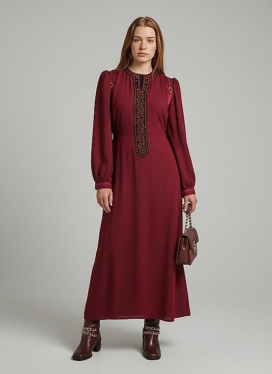 Mira Bordo Nakış Detaylı Uzun Kadın Elbise