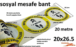SOSYAL MESAFE BANT GENİŞ MODEL 20 METRE ŞEFFAF TİP GÜVENLİK BANTI SARI RENK BÜYÜK BOY
