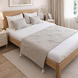 Yatak Runner Seti Çift Kişilik Taş Keten Krem Püsküllü