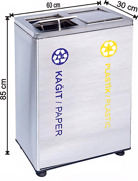 DÖNER KAPAKLI GERİ DÖNÜŞÜM ÇÖP KOVASI 108 LT (2 BÖLMELİ, 430 KALİTE VE GALVANİZ İÇ KOVALI)