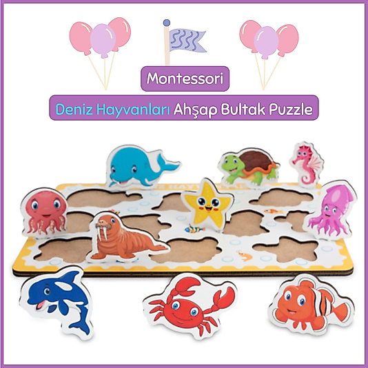 Montessori Deniz Hayvanları Ahşap Bultak Puzzele Seti