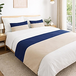 Çift Kişilik Yatak Runner Seti Biyeli Krem/Lacivert