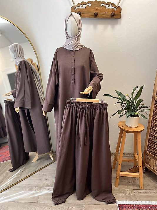 Kahve Abaya Kol - Şalvarlı Keten Festival Cilbab Takım