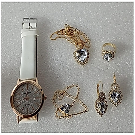 ( 6 X PARÇA ) TIME CRYSTAL SAAT + KALP KUPE +KOLYE + BİLEKLİK + YÜZÜK TAKI SETİ KRİSTAL
