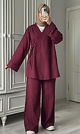 Kruvaze Yaka Bağlamalı İkili Kimono Takım Bordo
