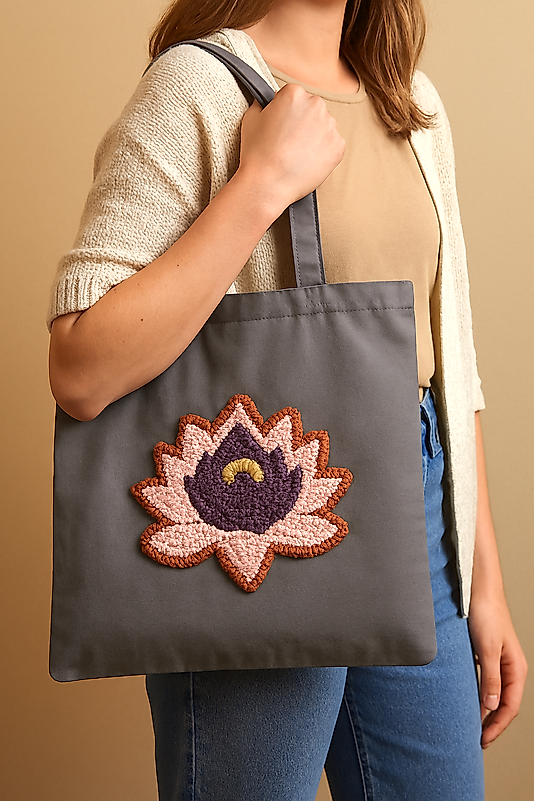 Lotus Çiçekli Gri Tasarım Çanta