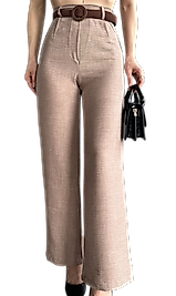 Keten Pantolon Beli Kemerli  - KAHVE