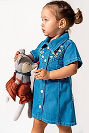 Kız Çocuk 2-5 Yaş Nakışlı Kot Elbise