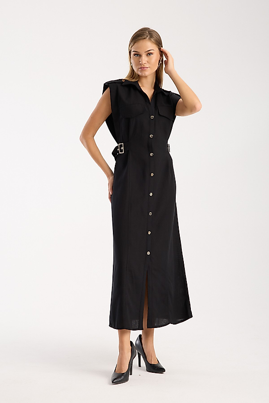 DÜĞMELİ KETEN ELBİSE SİYAH