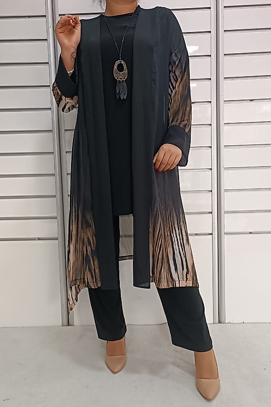 Şifon Detaylı Üçlü Takım -Siyah
