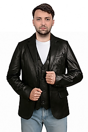 Armada Hakiki Deri Punto Dikişli Erkek Siyah Blazer Ceket & Yelek