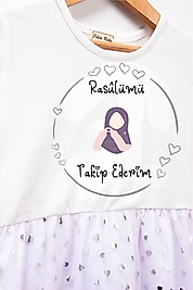 Kız Çocuk Tüllü "Rasülümü Takip Ederim" Baskılı Elbise