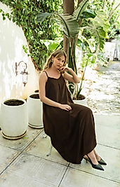 KADIN ASKILI BASİC UZUN ELBİSE KAHVE