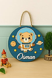 Astronot Ayıcık Uzay Temalı Ahşap Bebek Kapı Süsü