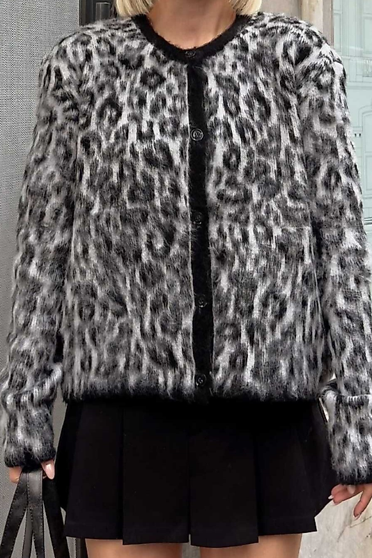 Şardonlu Triko Leopar Desenli Triko Hırka -Gri