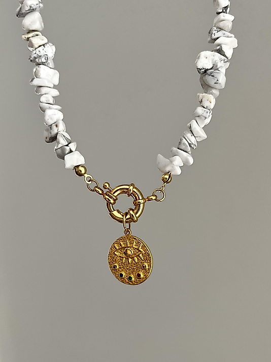 Doğaltaş Beyaz Taş Detaylı Göz Kolye 40cm