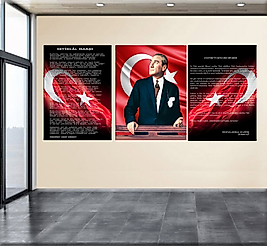 Atatürk Köşesi 3Lü Cam Tablo Seti - İstiklal Marşı Gençliğe Hitabe ve Atatürk Resmi
