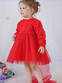 Üç Boyutlu Gül Desenli Tütü Etek Kız Çocuk Özel Gün Elbisesi