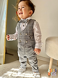 Erkek Çocuk Gri Ekoseli Yelekli Takım