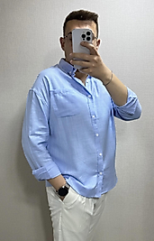 Blue Beyaz Düğme Keten Gömlek