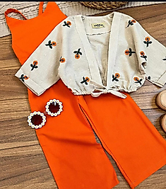 Kız Çocuk Gabardin Tulum ve Keten Hırka Kombini