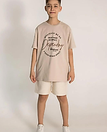 Krem rengi keten şort tişört takım