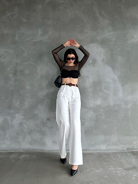 Beli Kemerli Keten Pantolon - BEYAZ